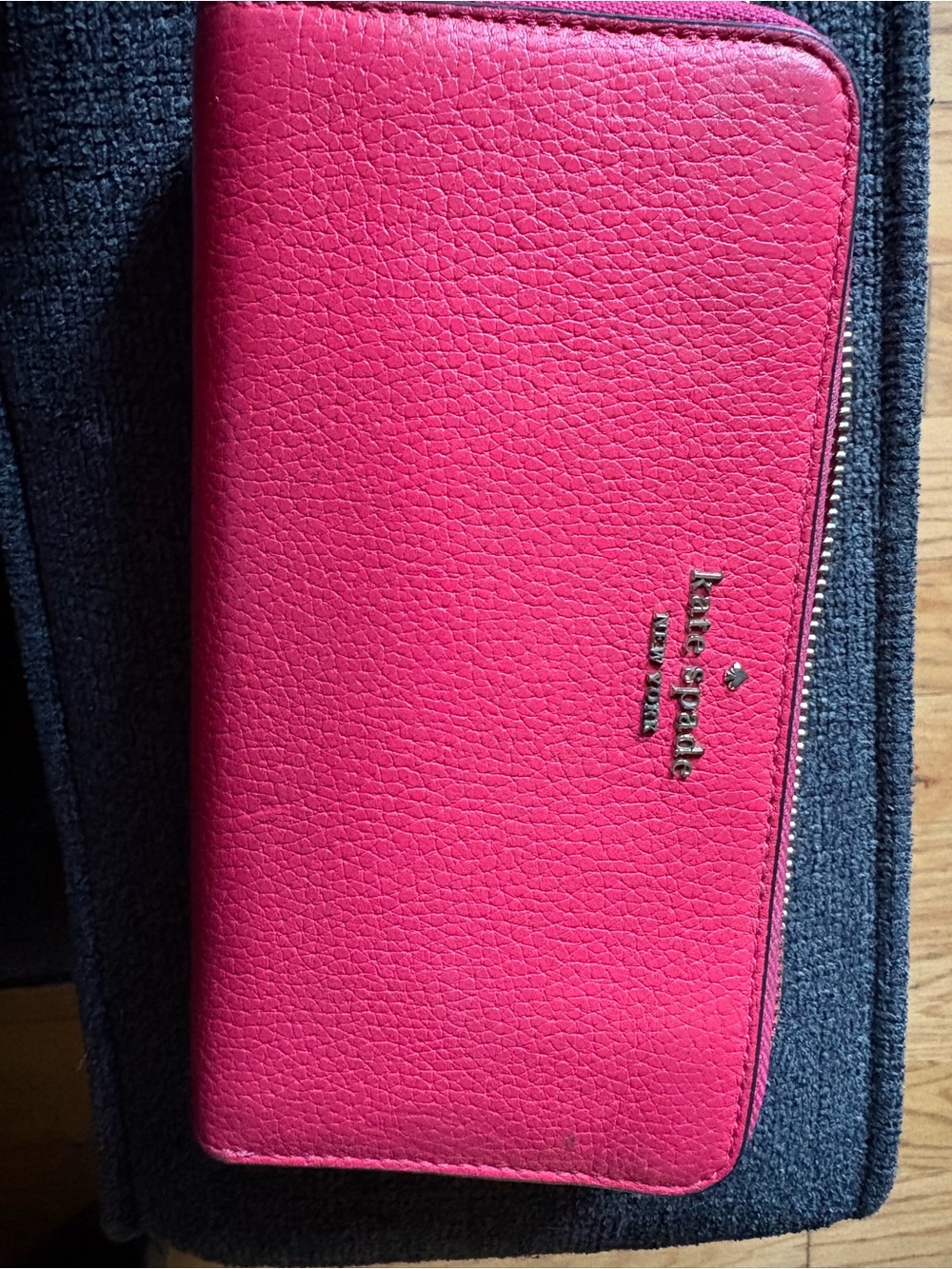 kate spade fuchsia pebbled leather zip-around wallet with gold logo